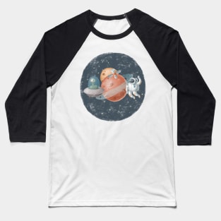 Astronaut meeting with aliens in space. Baseball T-Shirt